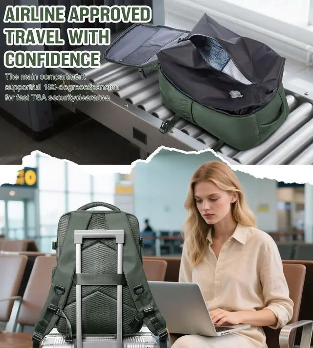 Alt view image 4 of 5 - Large Vacuum Travel Backpack with Pump for Women, Personal Item Carry on Backpacks Flight Approved 18x14x8 inches for Men,Laptop Waterproof Work Compression bags Casual Daypack,BrownGreen