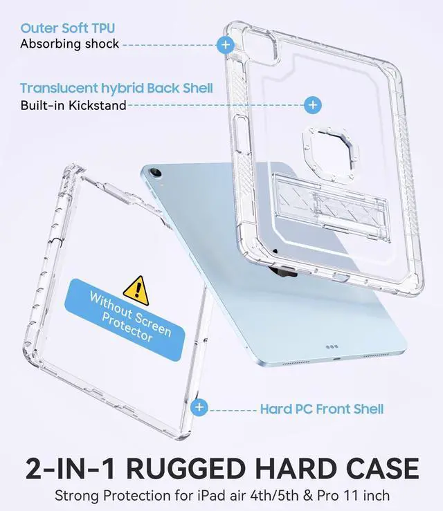 Alt view image 5 of 5 - ZoneFoker Case for iPad Air 5th/ 4th Generation Case (2022/2020) 10.9'', for iPad Pro 11 Inch (4th/3rd/2nd/1st Gen), Hard Sturdy Slim Cover for iPad Air 5 4 th with Pencil Holder/Stand, Clear