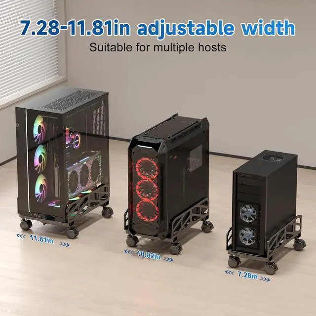 Alt view image 3 of 5 - Pholiten Adjustable Computer Tower Stand,7.28 to 11.81 inch Wide Steel CPU Stand with 4 Rolling Caster Wheels,Under Desk CPU Holder PC Floor Cart PC Riser,132lbs Capacity Weight