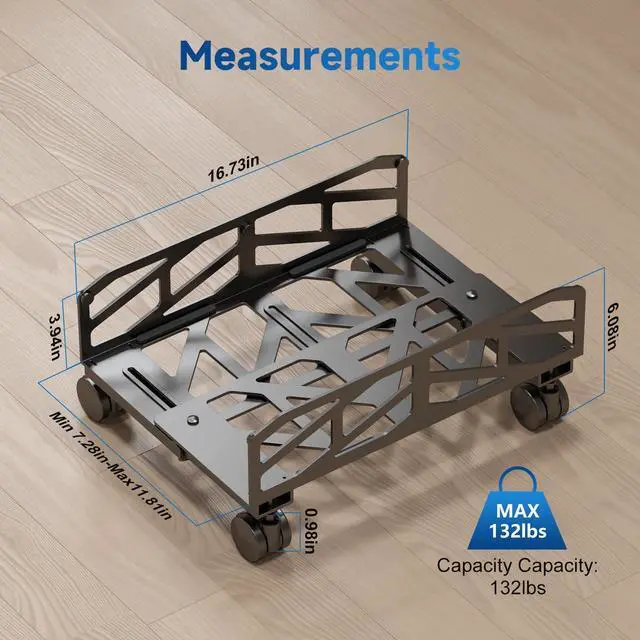 Alt view image 2 of 5 - Pholiten Adjustable Computer Tower Stand,7.28 to 11.81 inch Wide Steel CPU Stand with 4 Rolling Caster Wheels,Under Desk CPU Holder PC Floor Cart PC Riser,132lbs Capacity Weight