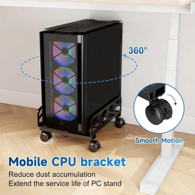 Alt view image 5 of 5 - Pholiten Adjustable Computer Tower Stand,7.28 to 11.81 inch Wide Steel CPU Stand with 4 Rolling Caster Wheels,Under Desk CPU Holder PC Floor Cart PC Riser,132lbs Capacity Weight