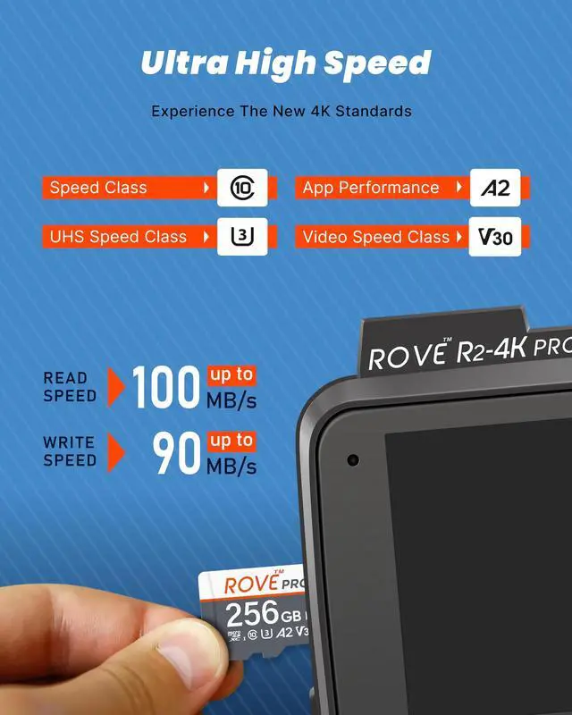 Alt view image 2 of 5 - ROVE PRO Micro SD Card microSDXC 256GB Memory Card with Full-Size SD Adapter 100MB/s Read Speed, C10, U3, V30, 4K, A2 for Dash Cam, Android Smart Phones, Tablets, Games