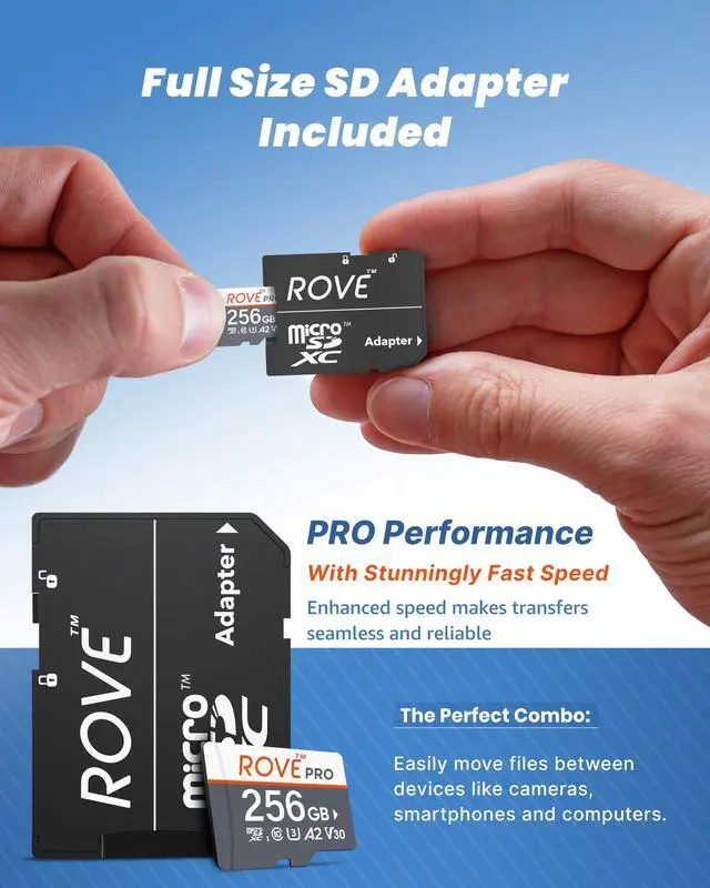 Alt view image 3 of 5 - ROVE PRO Micro SD Card microSDXC 256GB Memory Card with Full-Size SD Adapter 100MB/s Read Speed, C10, U3, V30, 4K, A2 for Dash Cam, Android Smart Phones, Tablets, Games