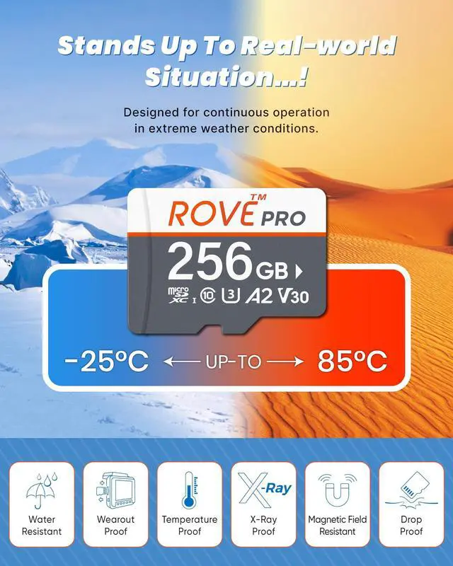 Alt view image 4 of 5 - ROVE PRO Micro SD Card microSDXC 256GB Memory Card with Full-Size SD Adapter 100MB/s Read Speed, C10, U3, V30, 4K, A2 for Dash Cam, Android Smart Phones, Tablets, Games