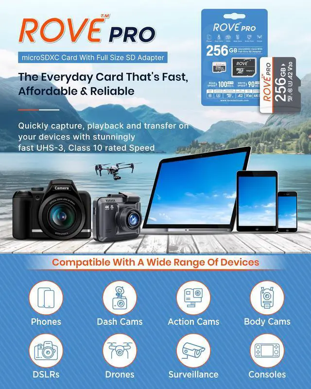 Alt view image 5 of 5 - ROVE PRO Micro SD Card microSDXC 256GB Memory Card with Full-Size SD Adapter 100MB/s Read Speed, C10, U3, V30, 4K, A2 for Dash Cam, Android Smart Phones, Tablets, Games