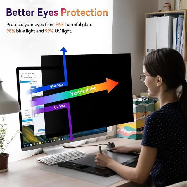 Alt view image 4 of 5 - [2025 New] 32 inch Computer Privacy Screen Filter for 16:9 Widescreen Monitor  Fits Flat & Curved Screens, Removable Anti Glare Blue Light Eye Protection Shield, 32in Anti Scratch Spy Protector Film