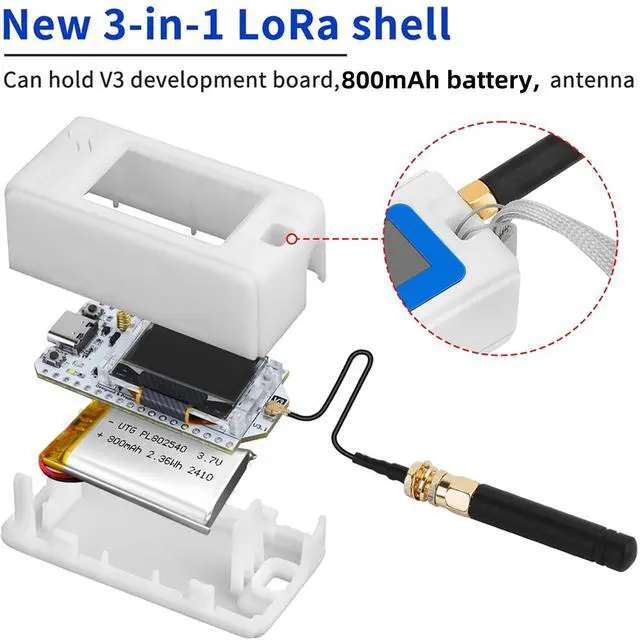 Alt view image 3 of 5 - Heltec WiFi LoRa 32 V3 Development Board with Plastic Case 800mAh Battery ESP32 S3 SX1262 Meshtastic LoRaWAN Compatible OLED Display Type-C USB IoT Node for Smart Home Industrial Control (N30 White)