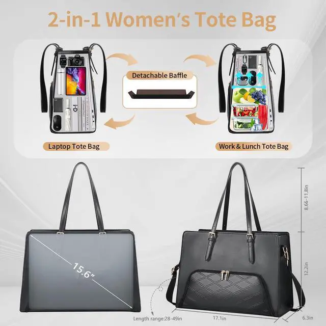 Alt view image 2 of 5 - Jetviivid Laptop Tote Bag with Lunch Compartment, 17.3 Inch Work Bag PU Leather Computer Briefcase for Women, Laptop Shoulder Handbag for Business,Office,Work,Black