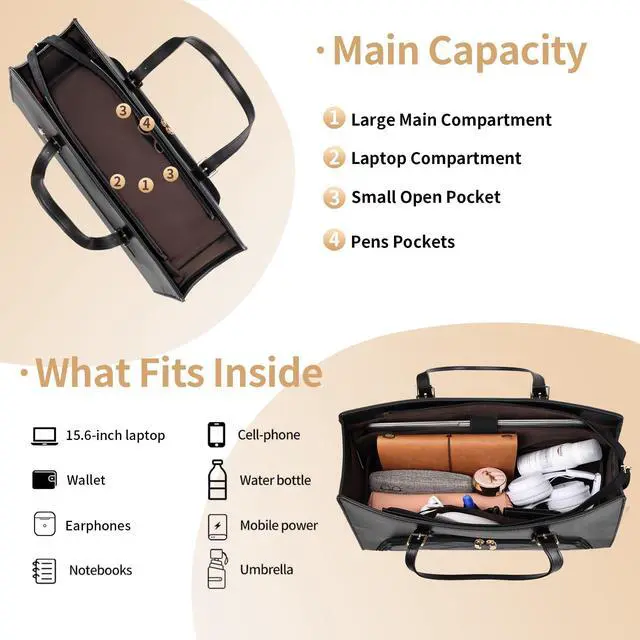 Alt view image 4 of 5 - Jetviivid Laptop Tote Bag with Lunch Compartment, 17.3 Inch Work Bag PU Leather Computer Briefcase for Women, Laptop Shoulder Handbag for Business,Office,Work,Black