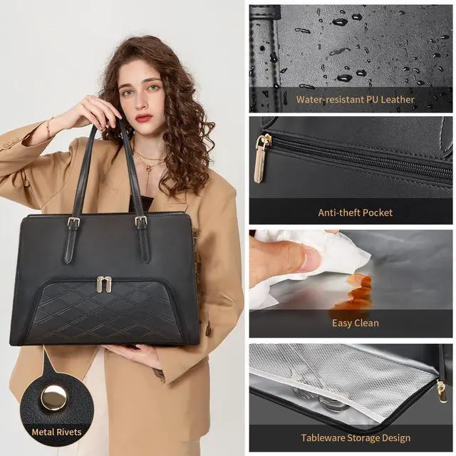 Alt view image 3 of 5 - Jetviivid Laptop Tote Bag with Lunch Compartment, 17.3 Inch Work Bag PU Leather Computer Briefcase for Women, Laptop Shoulder Handbag for Business,Office,Work,Black