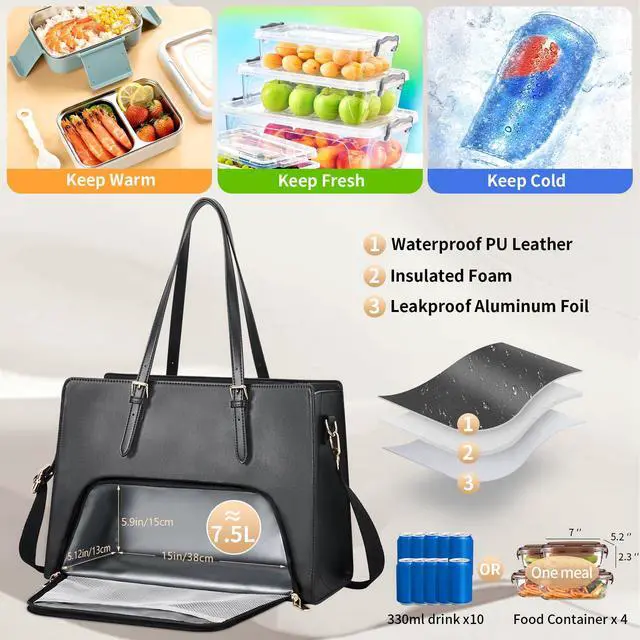 Alt view image 5 of 5 - Jetviivid Laptop Tote Bag with Lunch Compartment, 17.3 Inch Work Bag PU Leather Computer Briefcase for Women, Laptop Shoulder Handbag for Business,Office,Work,Black