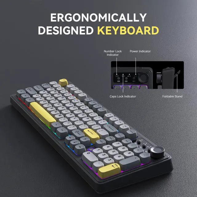 Alt view image 2 of 5 - Ajazz AF98Plus Tri-Mode Office Keyboard with Knobs, 4000mAh Battery, Ergonomic, RGB Lighting, Multimedia Function Keys for Windows Vista/XP/7/8/10/11, Mac, Andord.