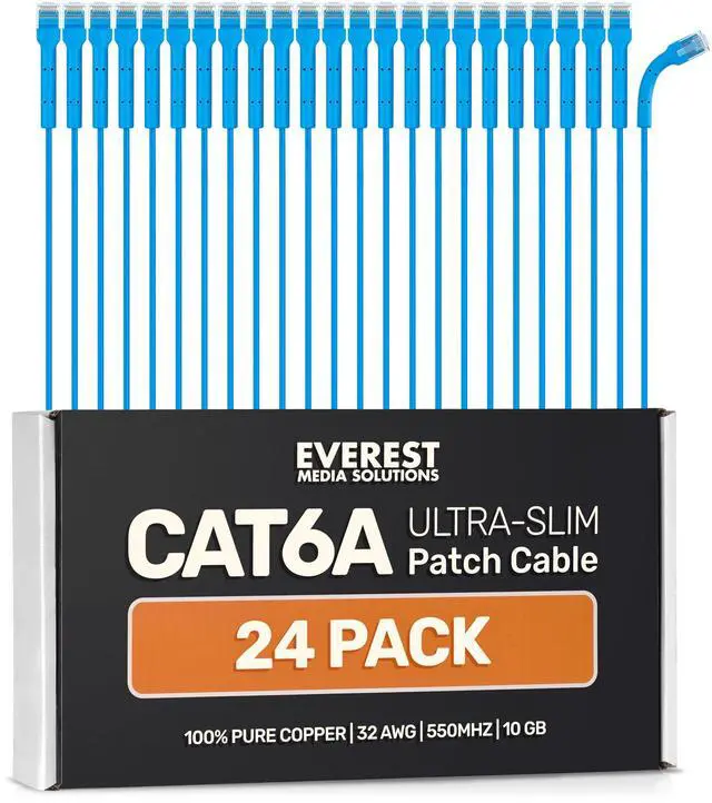 Main image of Everest Ultra Slim Cat6a Ethernet Patch Cables 0.5ft (24-Pack) Blue - 6 Inch 10GB Cat 6a Patch Cable - Bendable, Flexible & Thin Ethernet Cable - 32AWG 550MHZ Cat6a Cables - 100% Copper Wires