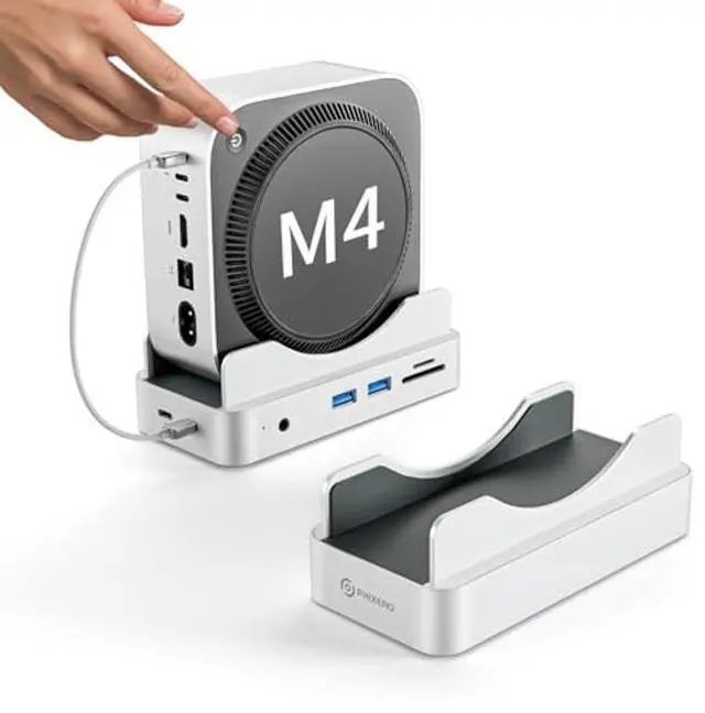 Main image of Phixero M4 Mac mini Dock with NVMe SSD Enclosure, 6-in-1 Aluminum Stand hub, 10Gbps USB-A, SD/TF Reader, Space-Saving Design.