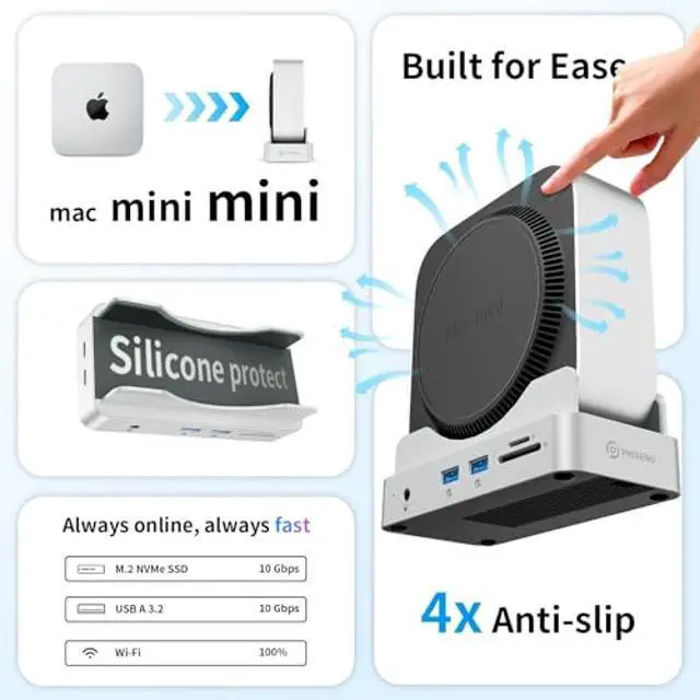 Alt view image 3 of 5 - Phixero M4 Mac mini Dock with NVMe SSD Enclosure, 6-in-1 Aluminum Stand hub, 10Gbps USB-A, SD/TF Reader, Space-Saving Design.