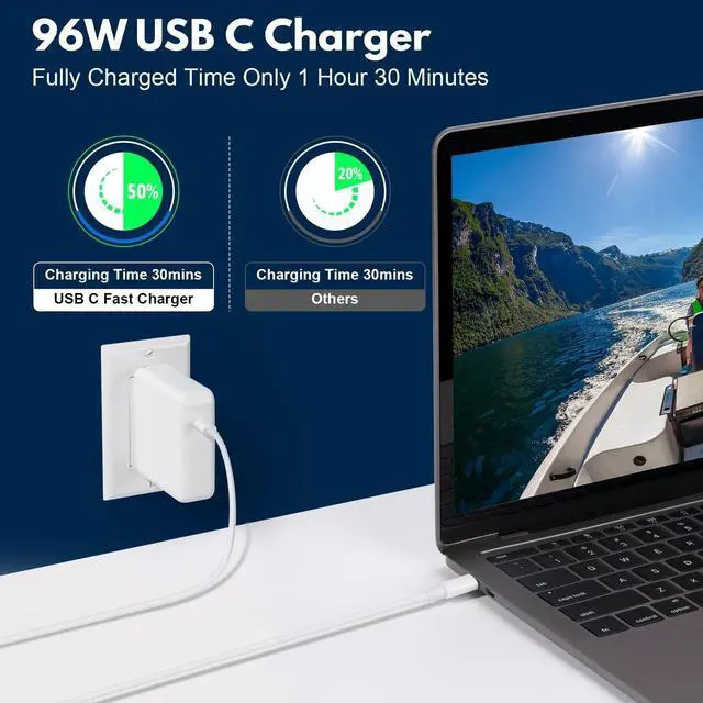 Alt view image 3 of 5 - 96W USB-C Fast Charger fast charger compatible with Mac Book Air/Pro, 13/14/15/16-inch M3 M2 M1 2023/2022/2021/2020/2019/2018,for iPhone/15/16/17/iPad, and all USB-C devices, includes a 6.6-foot cable