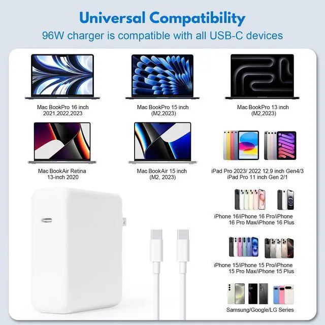 Alt view image 4 of 5 - 96W USB-C Fast Charger fast charger compatible with Mac Book Air/Pro, 13/14/15/16-inch M3 M2 M1 2023/2022/2021/2020/2019/2018,for iPhone/15/16/17/iPad, and all USB-C devices, includes a 6.6-foot cable