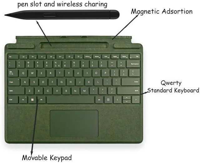 Alt view image 3 of 5 - Pro 10 Signature Keyboard with Slim Pen Compatible with Microsoft Surface Pro 10/11 Signature Keyboard with Slim Pen,for Microsoft Surface Pro 11/9 Signature Keyboard with Slim Pen(Green)