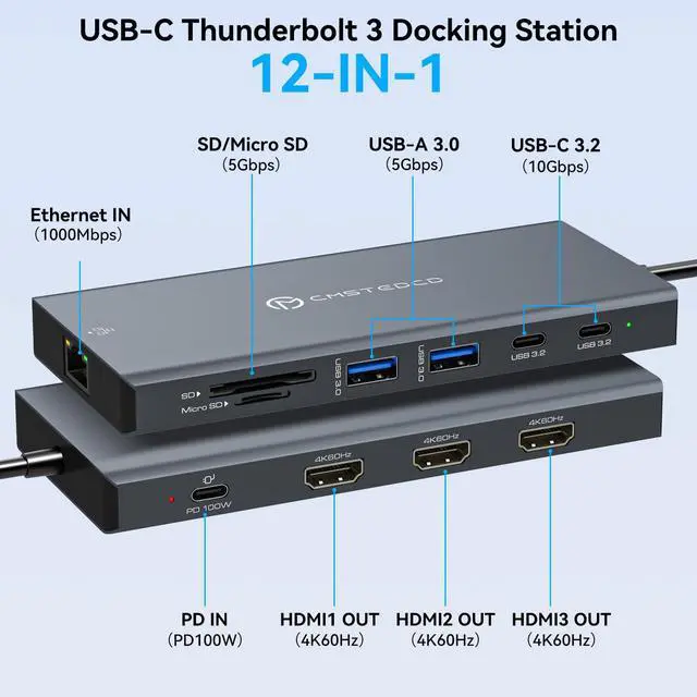 Alt view image 2 of 5 - DGYBDFC USB C Laptop Docking Station 3 Monitors 100W PD 4K60Hz 12 in 1 Triple HDMI Docking Station Dual Monitor USB C Hub Multiple Adapter, 2xUSB-C 3.2, 2xUSB-A 3.0, SD Card Slot, 1000Mbps Ethernet