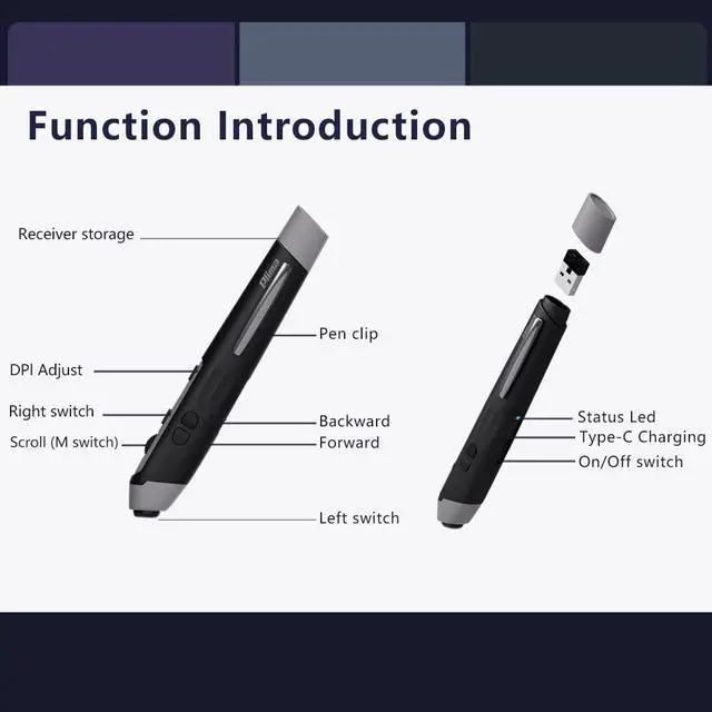 Alt view image 2 of 5 - Plima Patent, Intuitive Pen-tip Press-Down Function Equivalent to The Left Mouse Button,Pocket Ergonomic Dual Mode 2.4+BT Pen Mouse 2.0 Vertical Mice, Support Windows, Android,Linux, Mac OS (Grey)