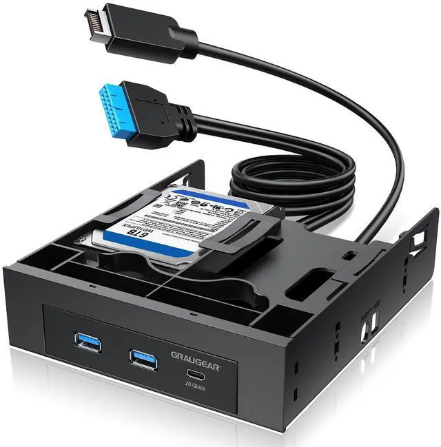 Main image of GRAUGEAR 5.25 Inch Internal USB Hub Front Panel  USBC 20Gbps + 2X USBA 5Gbps, Dual 2.5 SSD/HDD Bays, Fits 5.25 Bay, USB 3.2 A-Key 20-Pin & USB3.0 19Pin Headers, PC Case Desktop Expansion