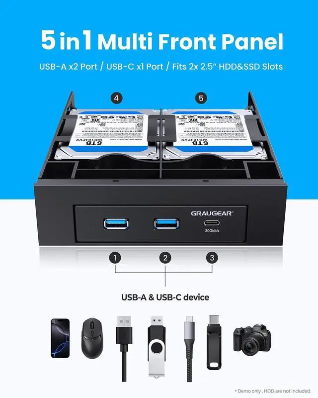 Alt view image 2 of 5 - GRAUGEAR 5.25 Inch Internal USB Hub Front Panel  USBC 20Gbps + 2X USBA 5Gbps, Dual 2.5 SSD/HDD Bays, Fits 5.25 Bay, USB 3.2 A-Key 20-Pin & USB3.0 19Pin Headers, PC Case Desktop Expansion