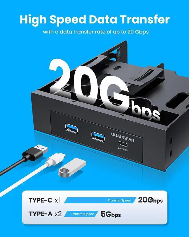 Alt view image 4 of 5 - GRAUGEAR 5.25 Inch Internal USB Hub Front Panel  USBC 20Gbps + 2X USBA 5Gbps, Dual 2.5 SSD/HDD Bays, Fits 5.25 Bay, USB 3.2 A-Key 20-Pin & USB3.0 19Pin Headers, PC Case Desktop Expansion