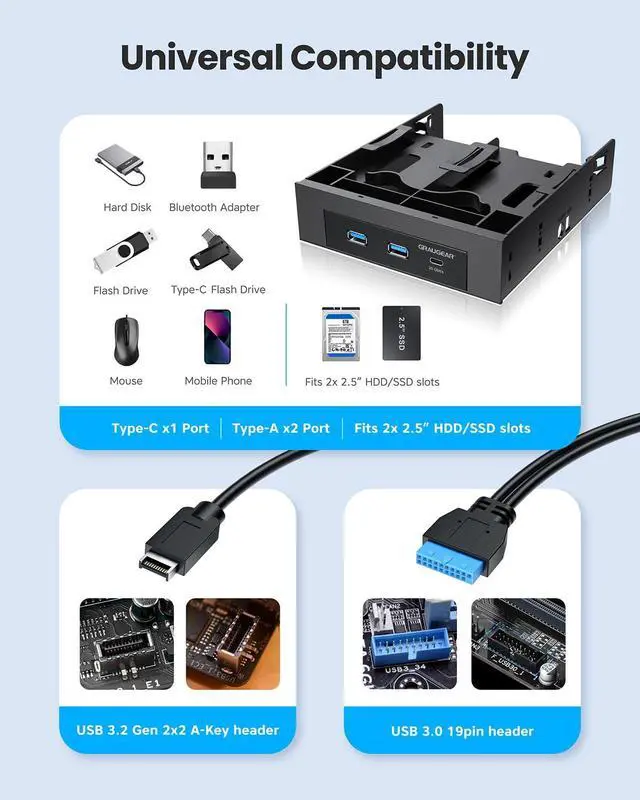 Alt view image 5 of 5 - GRAUGEAR 5.25 Inch Internal USB Hub Front Panel  USBC 20Gbps + 2X USBA 5Gbps, Dual 2.5 SSD/HDD Bays, Fits 5.25 Bay, USB 3.2 A-Key 20-Pin & USB3.0 19Pin Headers, PC Case Desktop Expansion