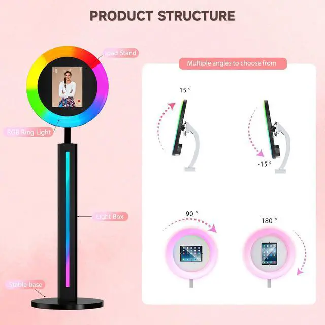 Alt view image 3 of 5 - Portable iPad Photo Booth Compatible with Any iPad, 2 Months ChackTok VIP, Selfie Photo Booth with Adjustable Ring Light and Flight Case,RGB Music Sync Light, for Weddings, Parties, Events