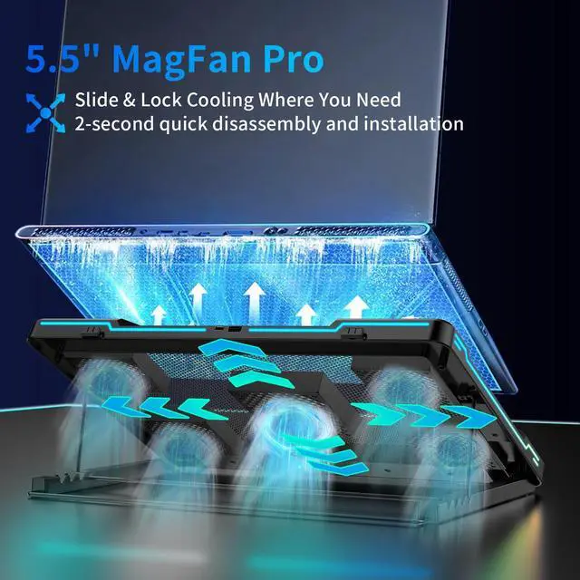 Alt view image 2 of 5 - DEPGI Laptop Cooling Pad, Laptop Cooler Stand with 5.5" Movable Fan Easy to Clean, 10 RGB Light Modes, Auto Temp Sensor & 3-Speed Manual Control, Ultra Quiet 40dB for 1417.3 Inch Laptops