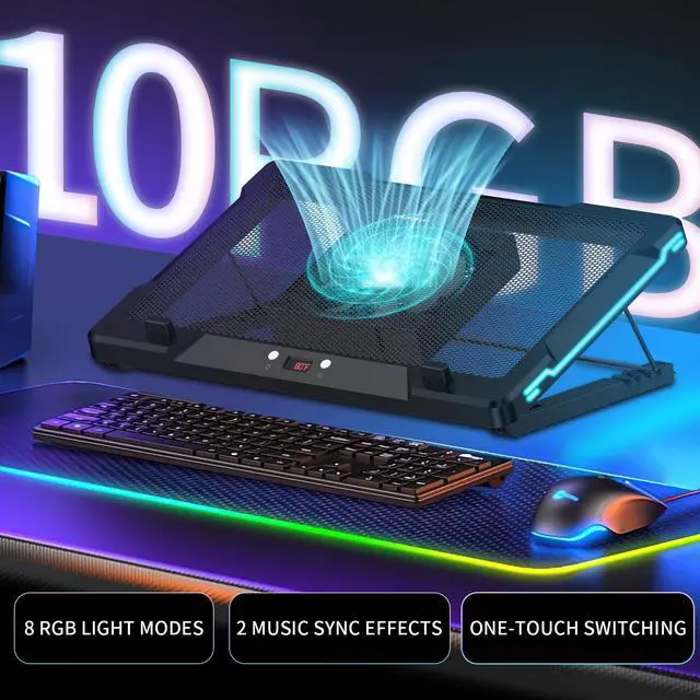 Alt view image 3 of 5 - DEPGI Laptop Cooling Pad, Laptop Cooler Stand with 5.5" Movable Fan Easy to Clean, 10 RGB Light Modes, Auto Temp Sensor & 3-Speed Manual Control, Ultra Quiet 40dB for 1417.3 Inch Laptops