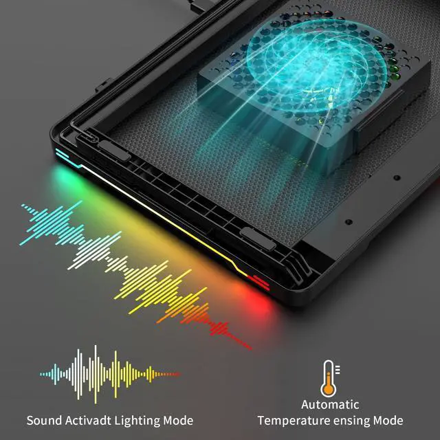 Alt view image 4 of 5 - DEPGI Laptop Cooling Pad, Laptop Cooler Stand with 5.5" Movable Fan Easy to Clean, 10 RGB Light Modes, Auto Temp Sensor & 3-Speed Manual Control, Ultra Quiet 40dB for 1417.3 Inch Laptops