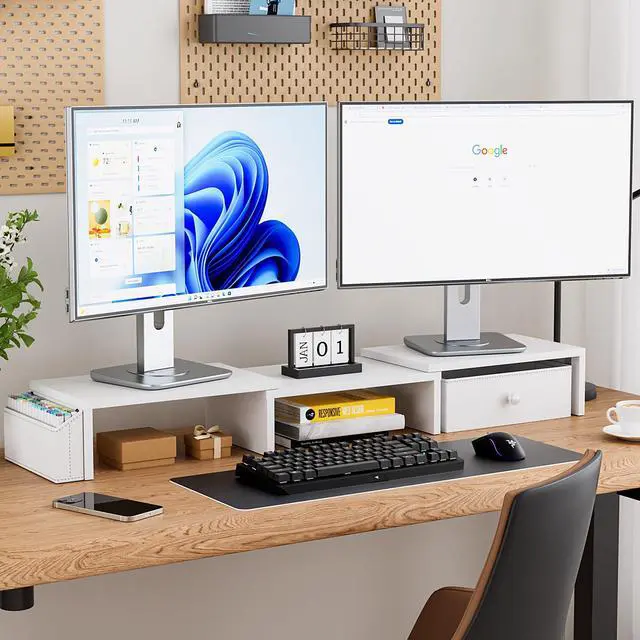Alt view image 2 of 5 - VERSASKY Dual Monitor Stand Riser, Adjustable Length & Swivel Angle Monitor Stand, Ergonomic Monitor Stand with Drawer & Side Pockets, Desktop Organizer and Office Desk Accessories, White
