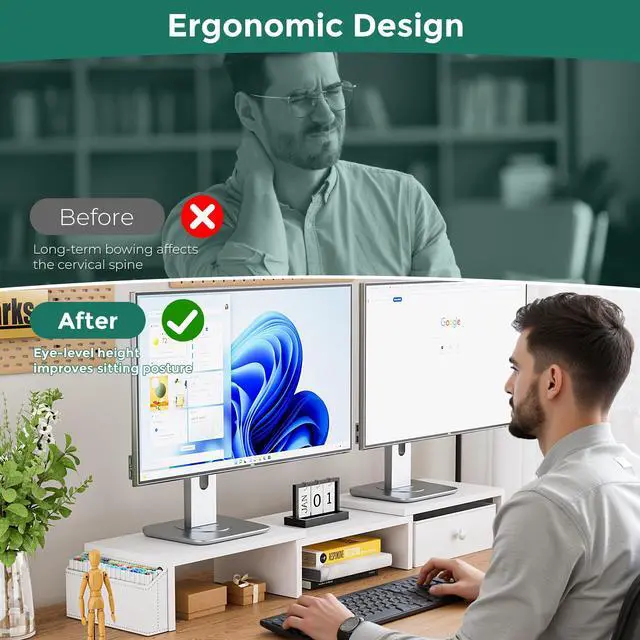 Alt view image 4 of 5 - VERSASKY Dual Monitor Stand Riser, Adjustable Length & Swivel Angle Monitor Stand, Ergonomic Monitor Stand with Drawer & Side Pockets, Desktop Organizer and Office Desk Accessories, White