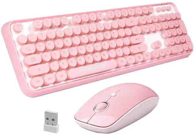 Main image of Ubxxziy Wireless Keyboard and Mouse | Cute Colorful Keyboard and Mouse with 2.4GHz Cordless Retro Typewriter Keyboard | Auto-Sleep | USB Receiver for Windows PC/Laptop - Pink