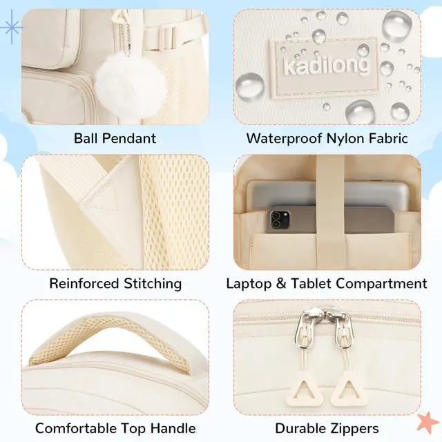 Alt view image 4 of 5 - kadilong Cute Middle High School Bags Bookbag for Teen Girls,Laptop Backpack for Women,Back Pack Knapsack for College Student(Beige)