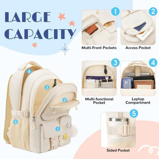 Alt view image 3 of 5 - kadilong Cute Middle High School Bags Bookbag for Teen Girls,Laptop Backpack for Women,Back Pack Knapsack for College Student(Beige)