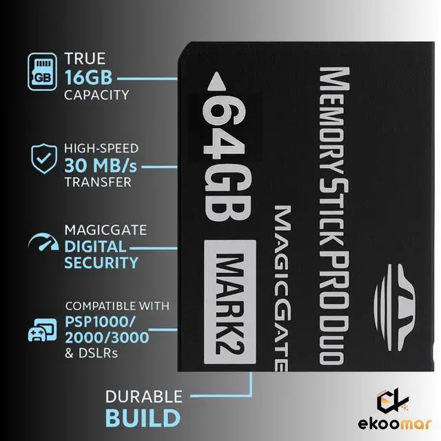 Alt view image 2 of 5 - Ekoomar Original 64GB Memory Stick Pro Duo MARK2 - Compatible with PSP1000/2000/3000, DSLR Burst Shooting, MagicGate | High-Speed Read/Write Memory Stick Duo Card for PSP Memory Stick & Cameras