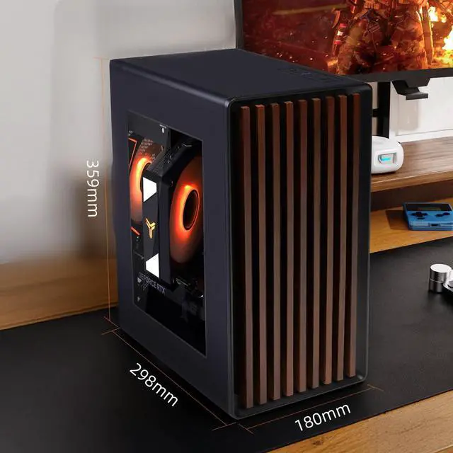 Alt view image 3 of 5 - Solid Wood Strip Front Panel - Mesh Side Panel - Tower PC Gaming Computer Case Black- Includes 3 120mm LED Cooling Fans, Supports M-ATX and ITX motherboards, HD AudioUSB3.0x1USB2.0x1.