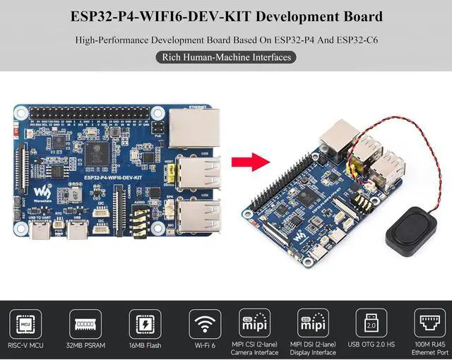 Alt view image 3 of 5 - AI ESP32-P4-WIFI6-DEV-KIT Development Board, Based On ESP32-P4 and ESP32-C6, Supports Wi-Fi 6 and Bluetooth 5 / BLE 5, Rich Human-Machine Interfaces, Supports AI Speech Interaction, with Speaker