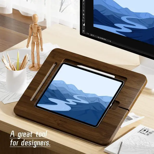 Alt view image 2 of 5 - AFOOYO Bamboo Tablet Drawing Stand Tablet Holder - Portable & Adjustable 5 Angles,Laptop Stands Riser,Compatible with 12.9/13 inch iPad Pro-3rd-7th Gen(Walnut Varnish)