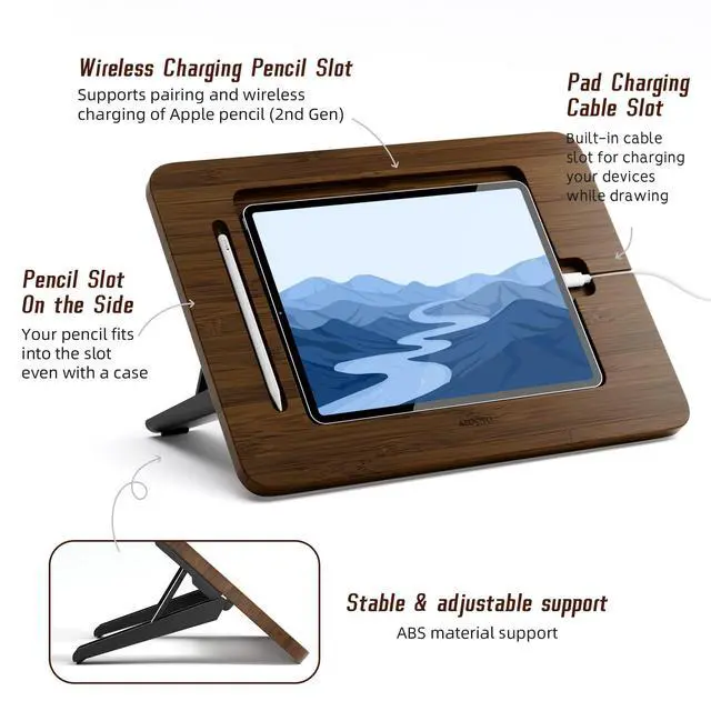 Alt view image 4 of 5 - AFOOYO Bamboo Tablet Drawing Stand Tablet Holder - Portable & Adjustable 5 Angles,Laptop Stands Riser,Compatible with 12.9/13 inch iPad Pro-3rd-7th Gen(Walnut Varnish)