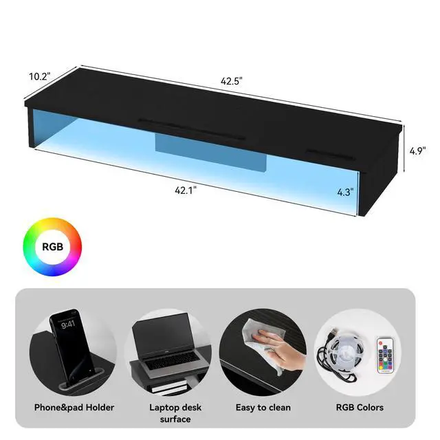 Alt view image 2 of 5 - TV Riser Stand with LED Lights, 42.5in Super Large Monitor Stand with Phone Tablet Holder, Tabletop TV Stand Riser for Desk, Desktop Organizer for Computer, TV, Laptop, Printer