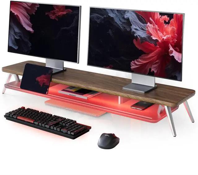 Main image of Fenge Dual Monitor Stand, 2 Tiers Acrylic Monitor Riser with App Control LED Lights, 42.5 Inch Wood and Aluminum Desk Shelf with Phone Holder