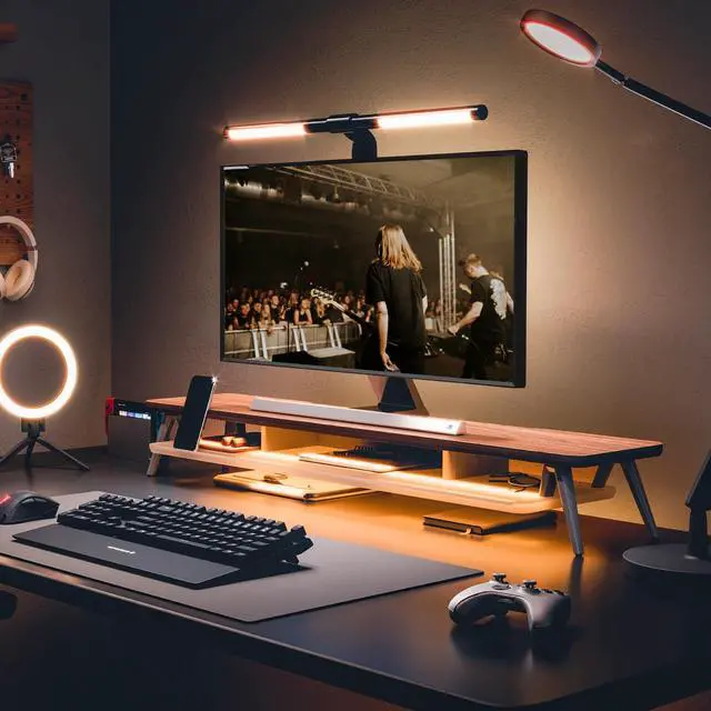 Alt view image 2 of 5 - Fenge Dual Monitor Stand, 2 Tiers Acrylic Monitor Riser with App Control LED Lights, 42.5 Inch Wood and Aluminum Desk Shelf with Phone Holder