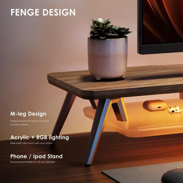 Alt view image 5 of 5 - Fenge Dual Monitor Stand, 2 Tiers Acrylic Monitor Riser with App Control LED Lights, 42.5 Inch Wood and Aluminum Desk Shelf with Phone Holder