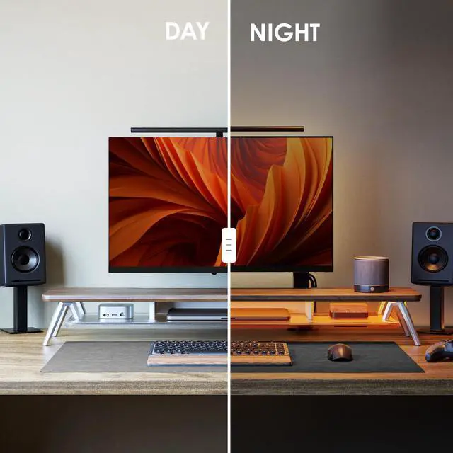 Alt view image 4 of 5 - Fenge Dual Monitor Stand, 2 Tiers Acrylic Monitor Riser with App Control LED Lights, 42.5 Inch Wood and Aluminum Desk Shelf with Phone Holder