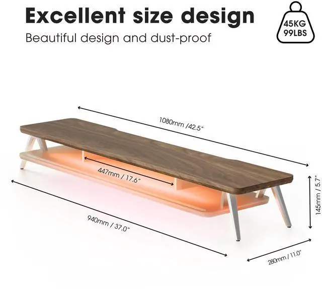 Alt view image 3 of 5 - Fenge Dual Monitor Stand, 2 Tiers Acrylic Monitor Riser with App Control LED Lights, 42.5 Inch Wood and Aluminum Desk Shelf with Phone Holder
