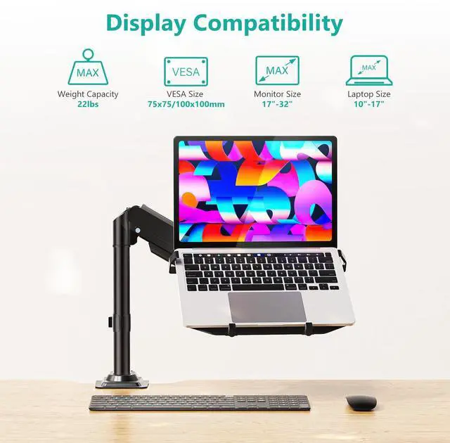 Alt view image 2 of 5 - WALI Laptop Tray Desk Mount, Laptop Arm Mount Fits 10-15.6 Inch Notebook, 2-in-1 Gas Spring Monitor Arm for 17-32 Inch Computer Screen, Holds up to 22lbs(GSDM00LP), Black