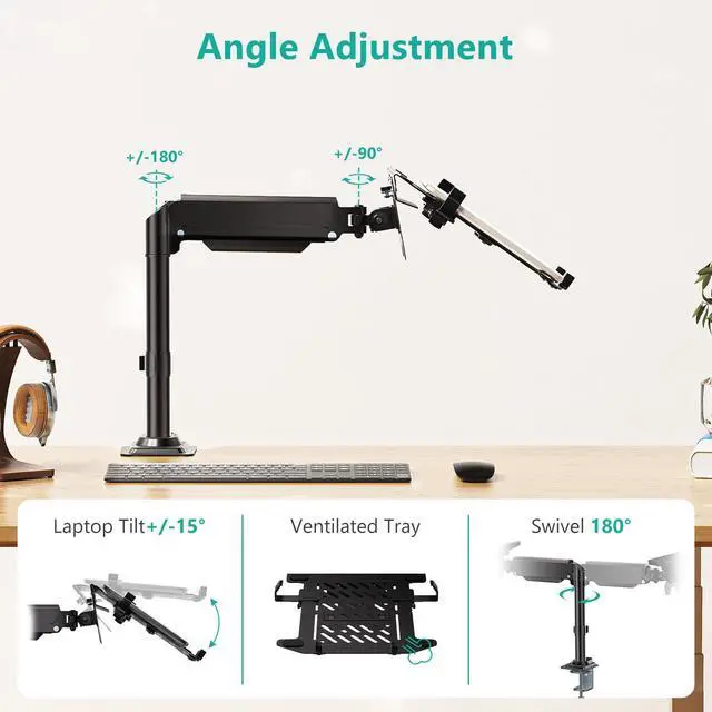 Alt view image 4 of 5 - WALI Laptop Tray Desk Mount, Laptop Arm Mount Fits 10-15.6 Inch Notebook, 2-in-1 Gas Spring Monitor Arm for 17-32 Inch Computer Screen, Holds up to 22lbs(GSDM00LP), Black
